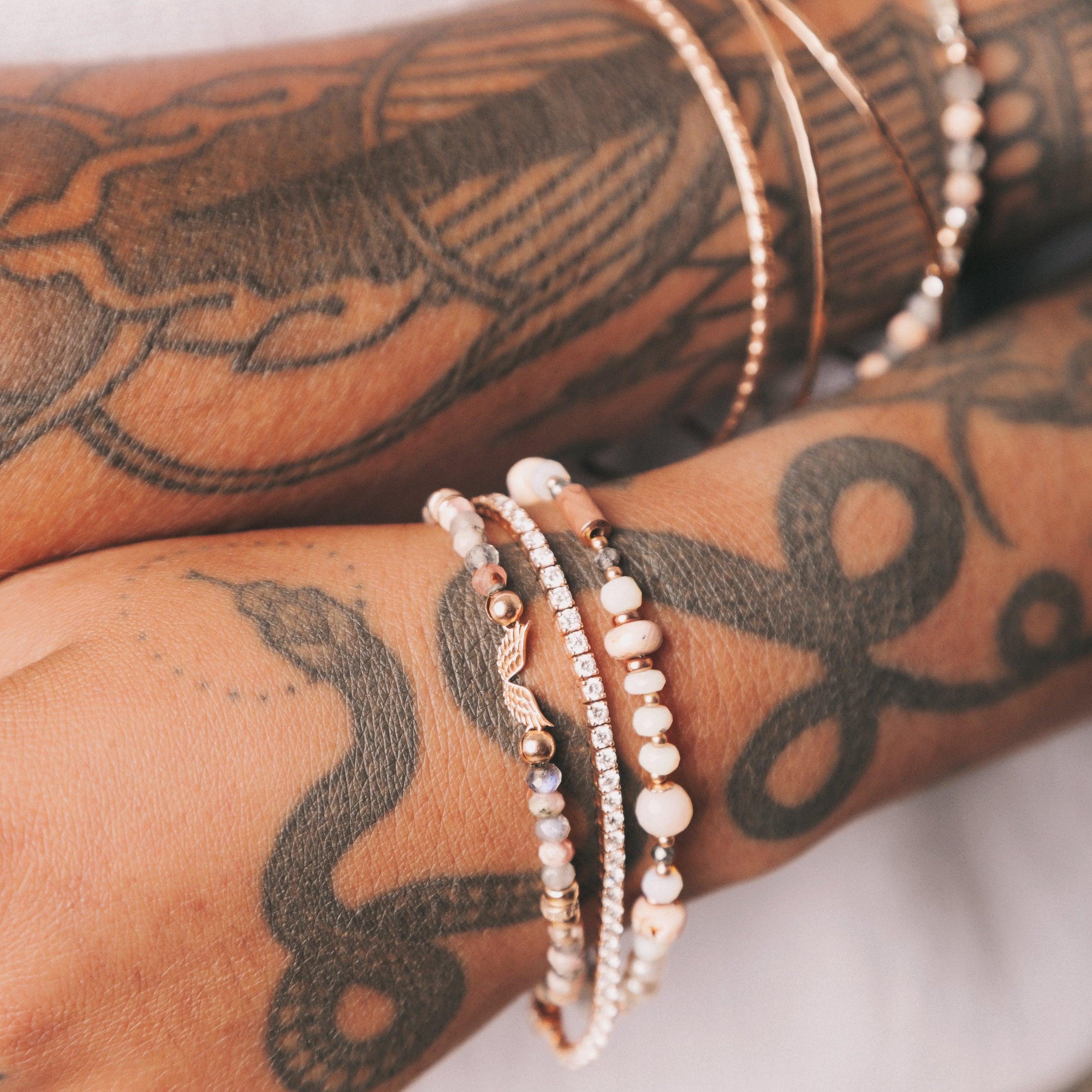 Sacred Insights Beaded Bracelet | Solid Gold Wings on Rhodochrosite & Labradorite - Melana | Jewels for the Journey