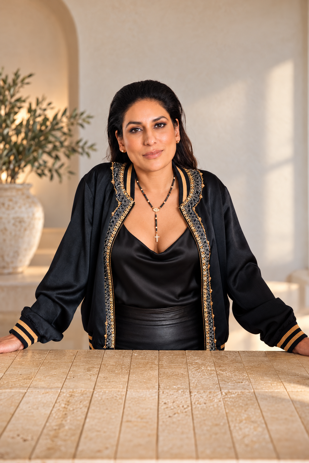 AI-edited styling image of model wearing Dark Nights black opal rosary in a warm interior.