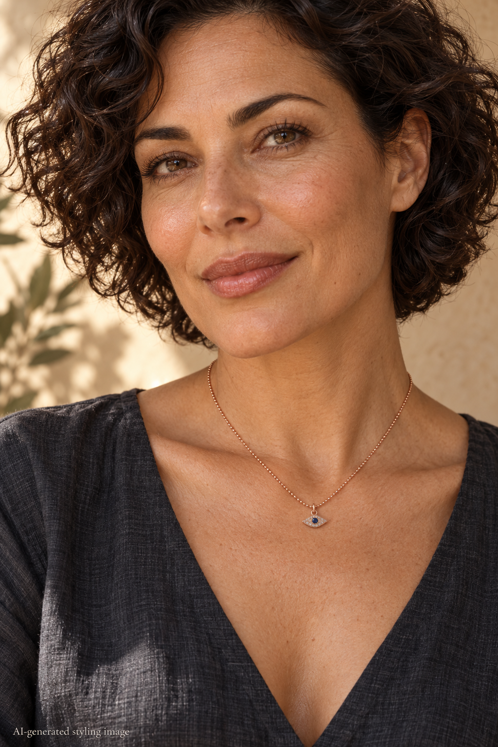 AI-generated styling image: Eye See | Blue Sapphire & Pavé Diamond Eye · Necklace worn on a model.