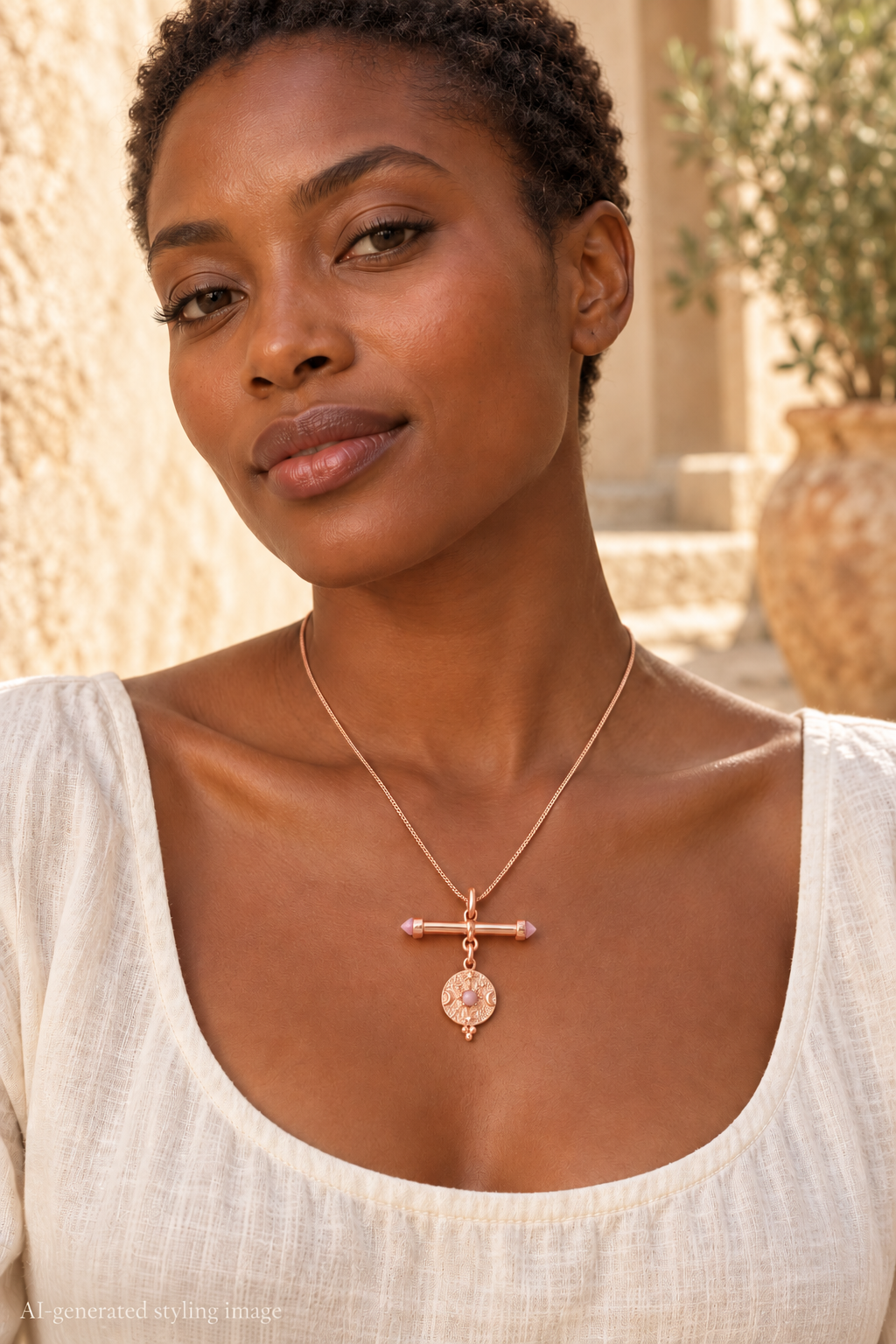 AI-generated styling image: Anima Mundi rhodochrosite wand necklace with smaller Universe Burst pendant.