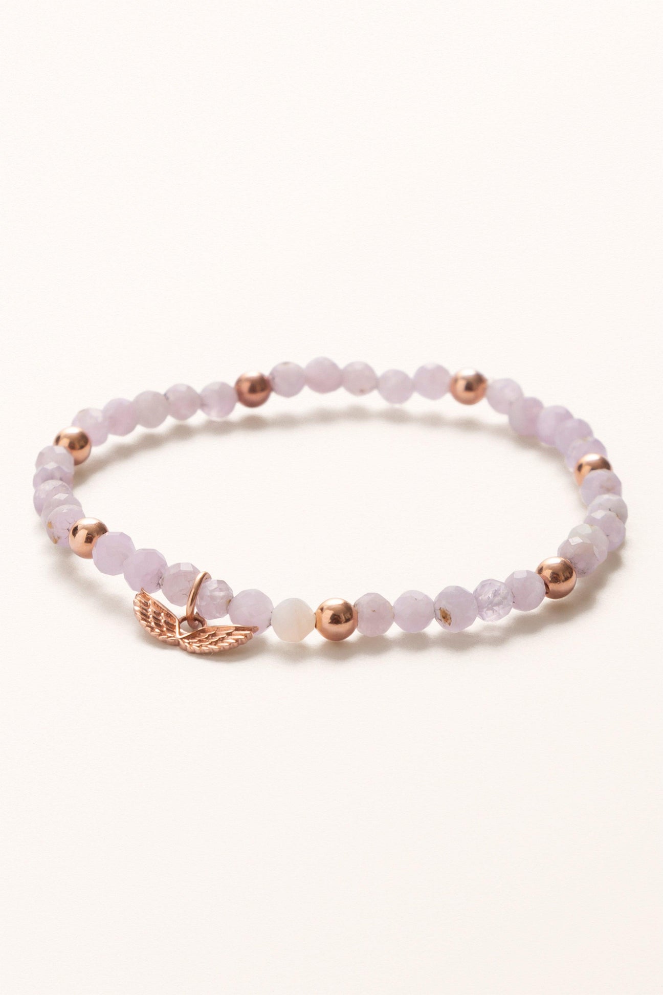 Guardian of Heart Beaded Bracelet | Solid Gold Wings on Kunzite - Melana | Jewels for the Journey