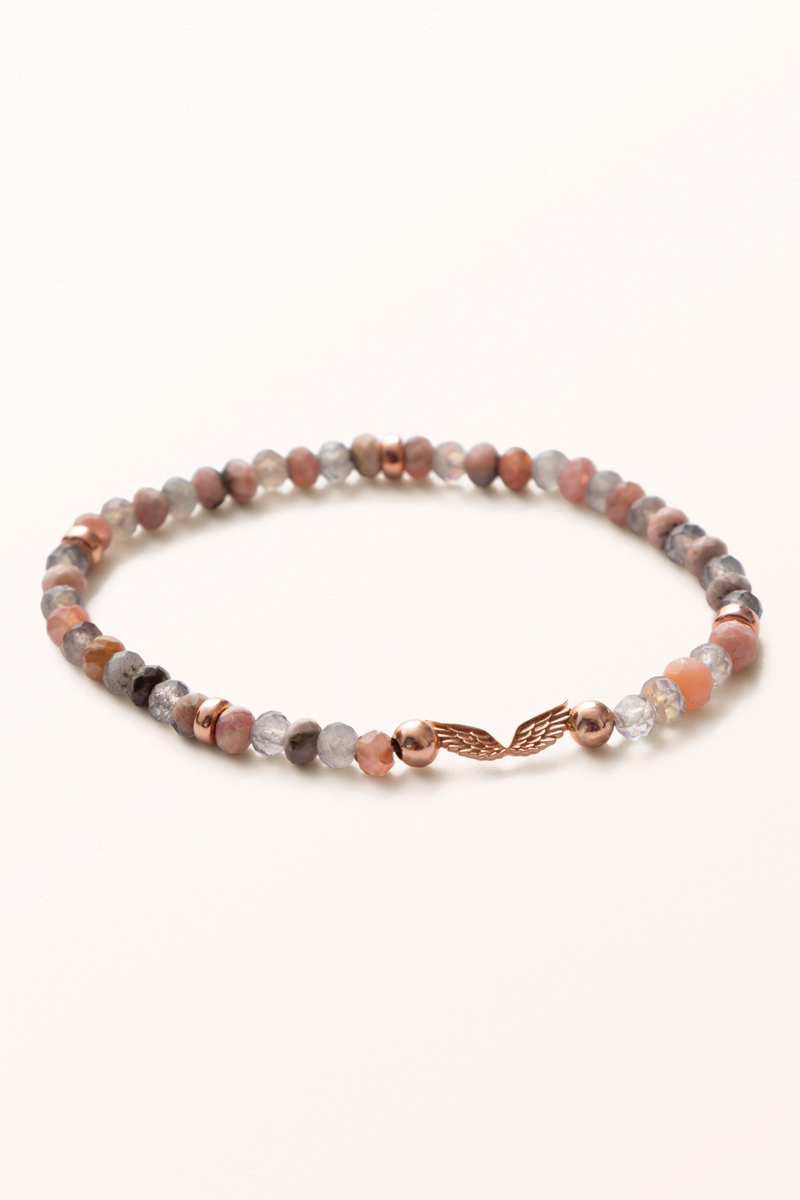 Sacred Insights Beaded Bracelet | Solid Gold Wings on Rhodochrosite & Labradorite - Melana | Jewels for the Journey