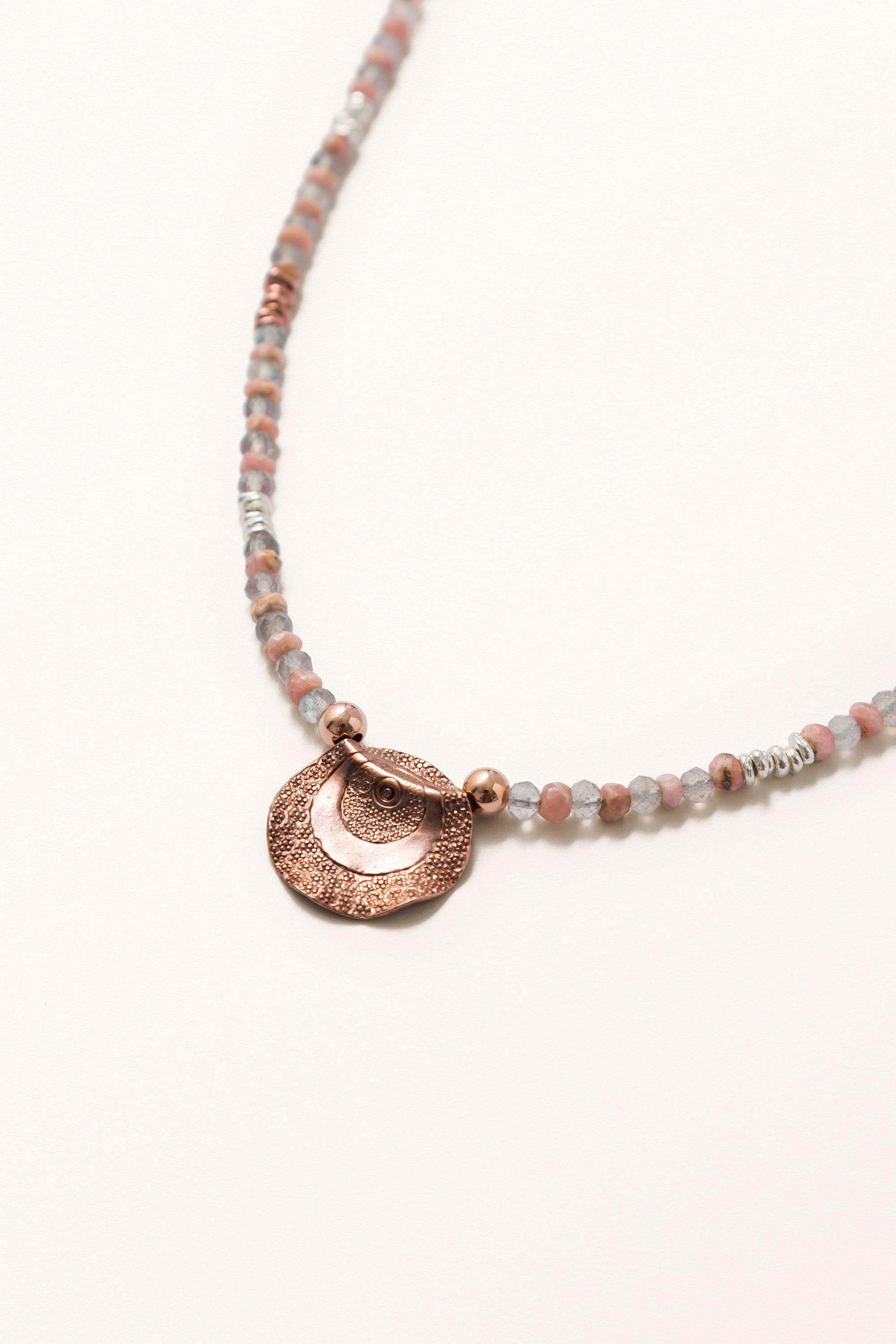 Tribal Tribute • Tribal Coin on Rhodochrosite & Labradorite Necklace - Melana | Jewels for the Journey
