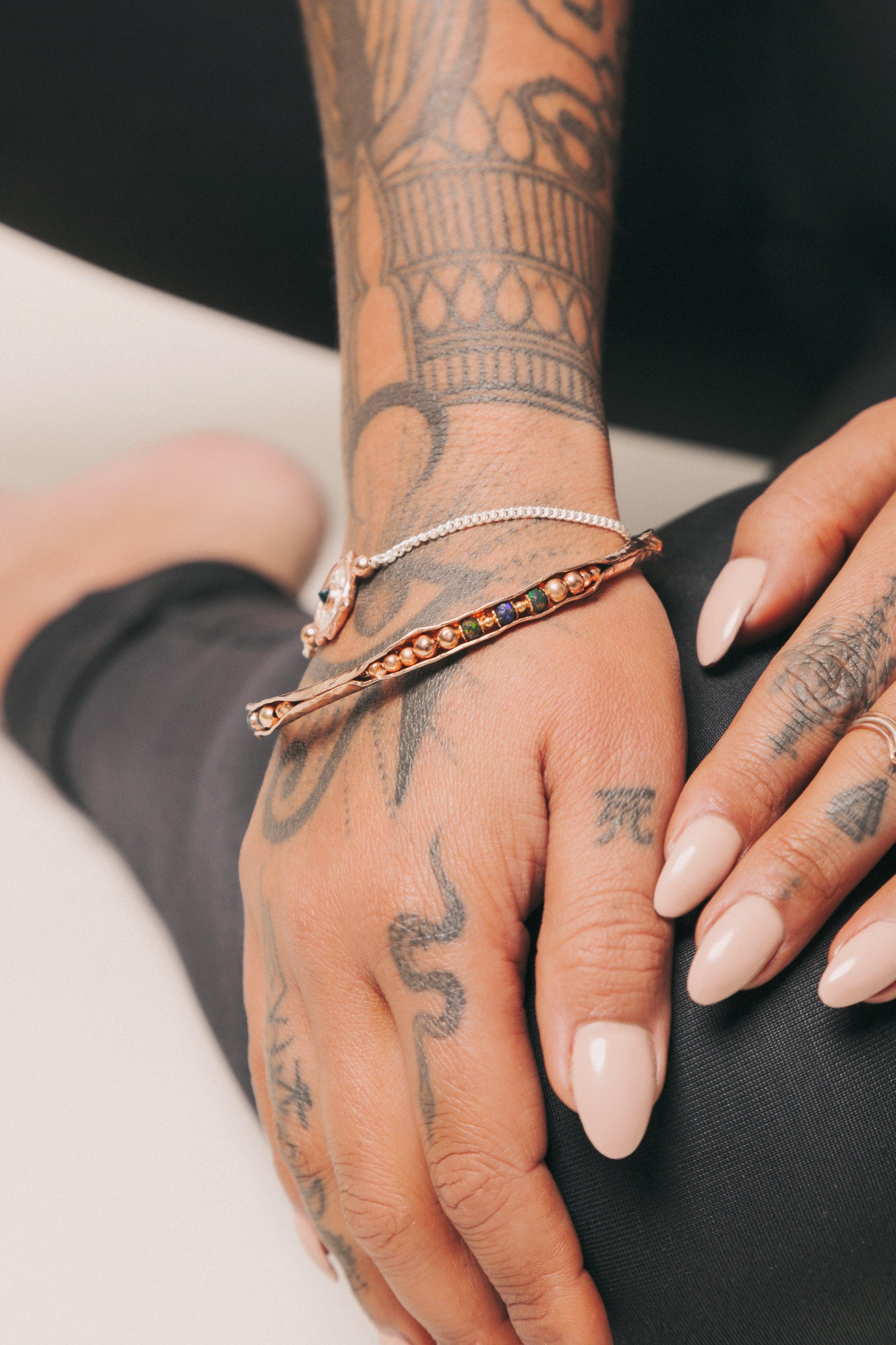 Shadow Dance Bangle | Black Opal & Egyptian Hammered Vermeil for Shadow Work - Melana | Jewels for the Journey