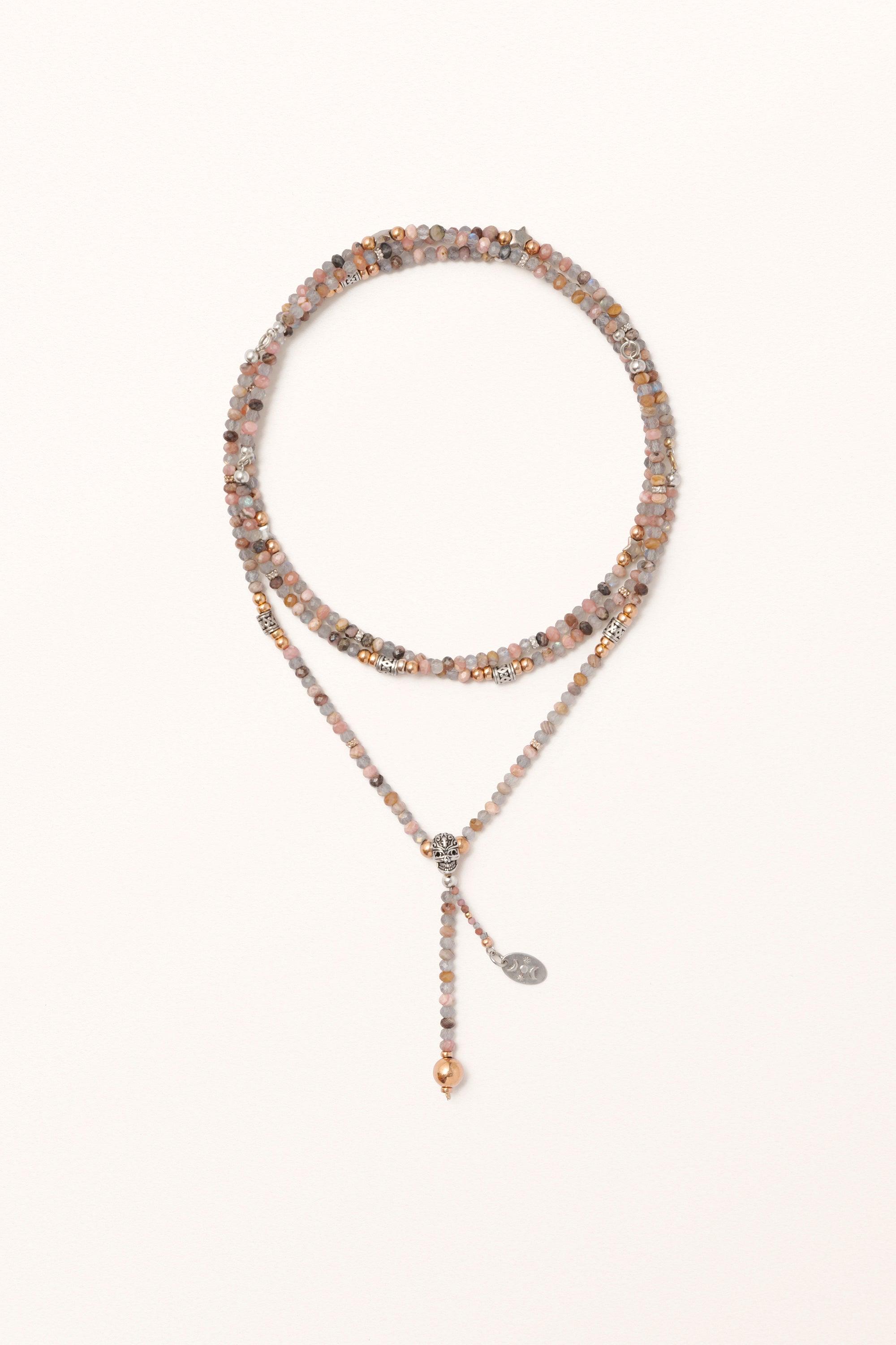 Immortality Sautoir • Solid Silver Skull on Rhodochrosite & Labradorite - Melana | Jewels for the Journey