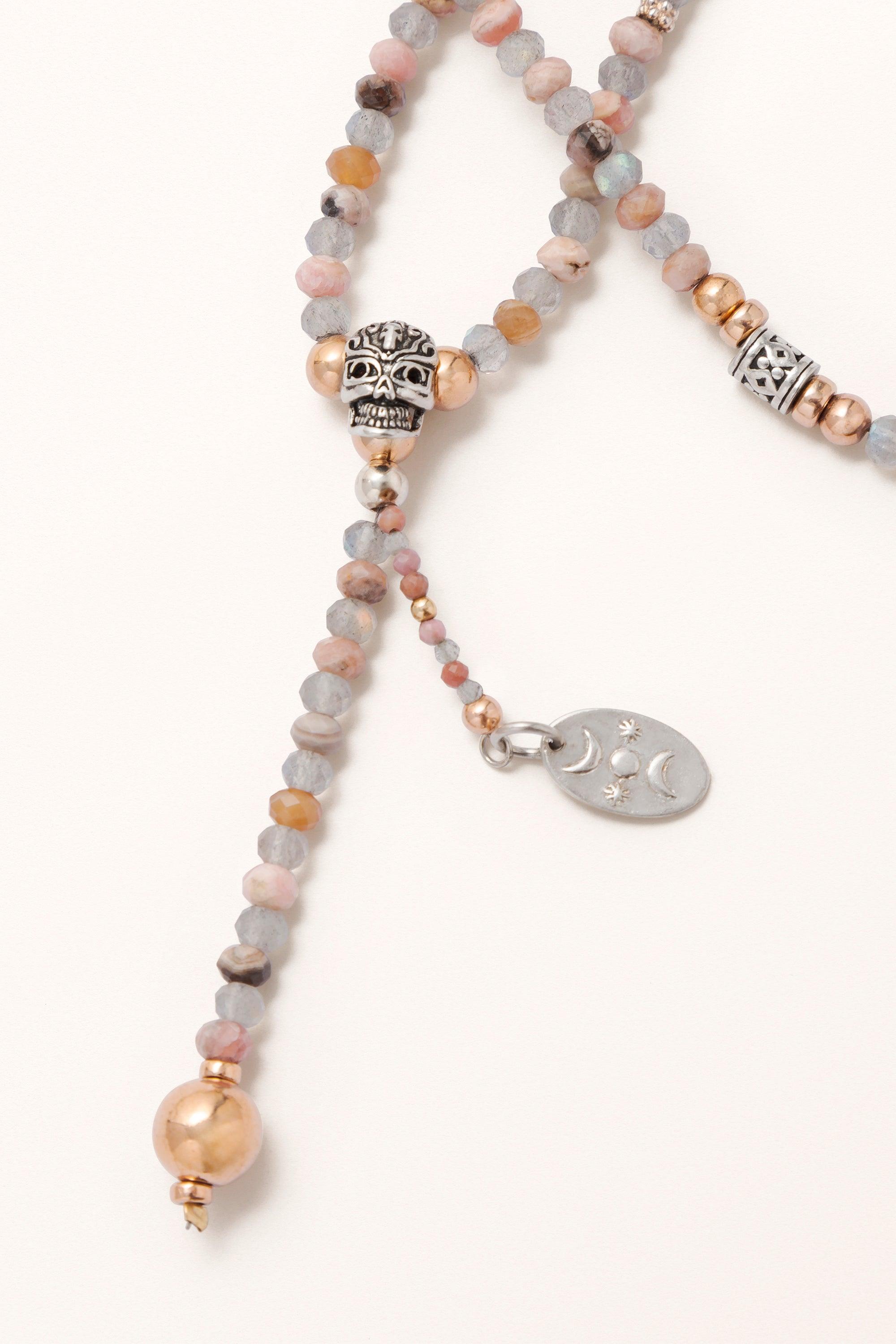 Immortality Sautoir • Solid Silver Skull on Rhodochrosite & Labradorite - Melana | Jewels for the Journey