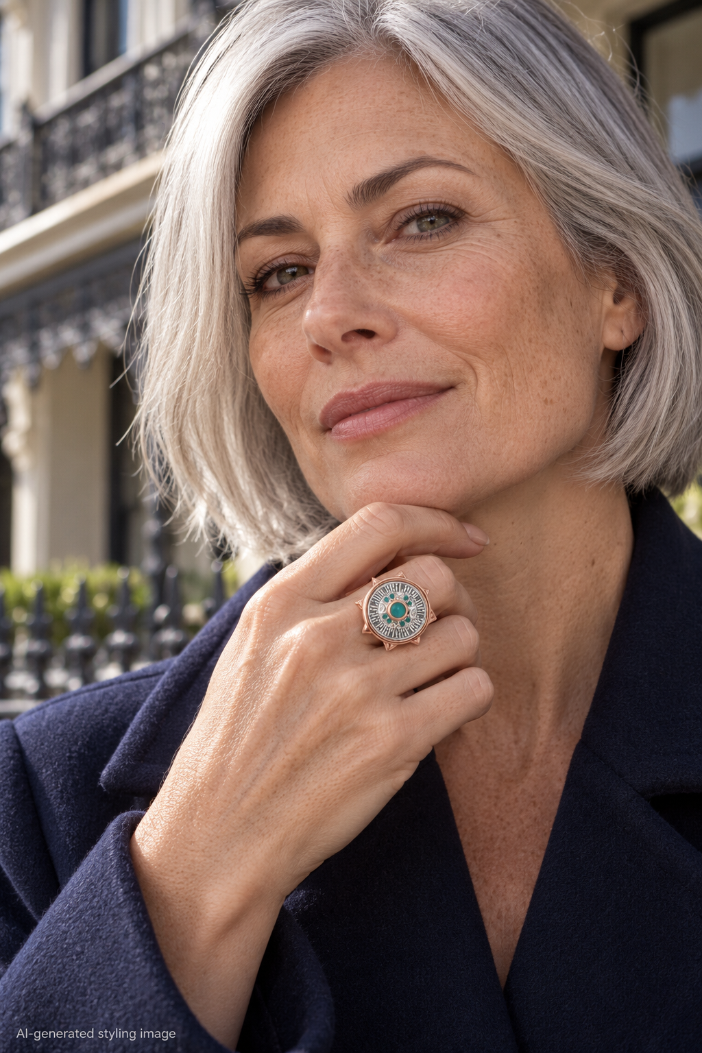 AI-generated styling image: LTDE24 Nº 023 — Nature’s Timepiece | Grandidierite & Teal Sapphire Compass · Coin Ring worn in a Melbourne-inspired setting.