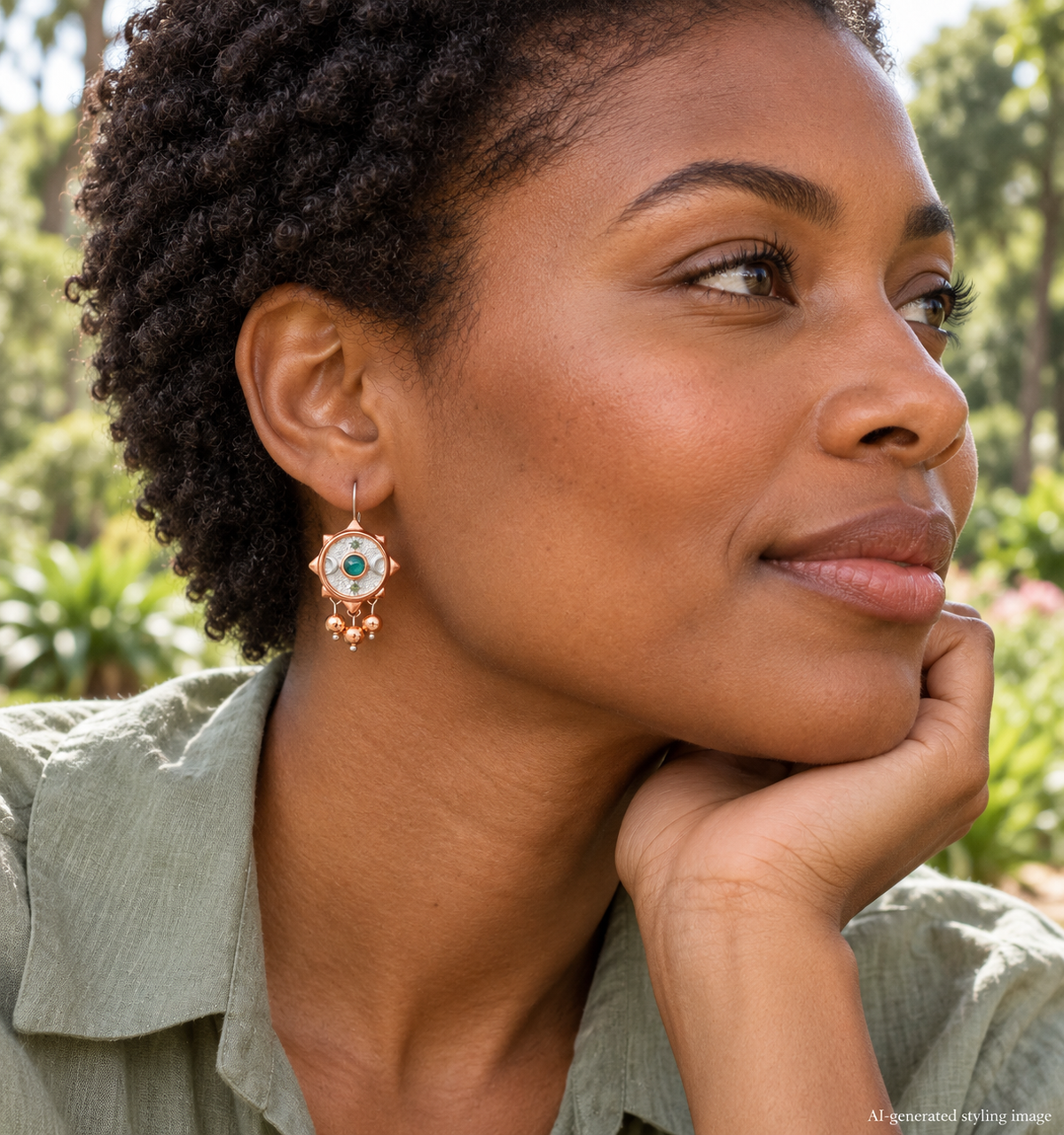 AI-generated styling image: SS24 Nº 003 — Nature’s Origin | Grandidierite Compass Coin · Earrings worn in a Melbourne-inspired setting.