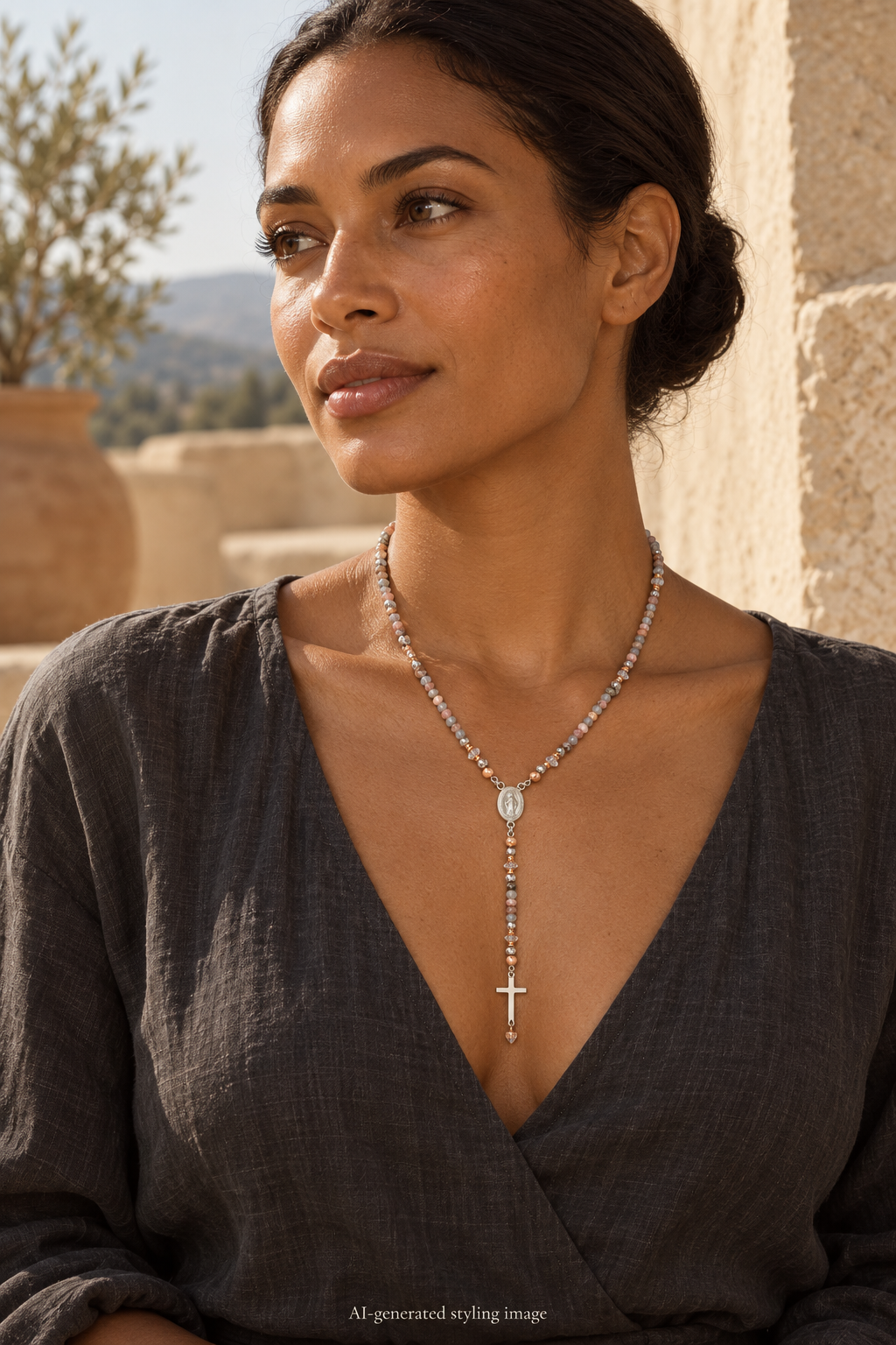 AI-generated styling image: Sacred Guardians | Labradorite & Rhodochrosite · Beaded Rosary worn on a model.