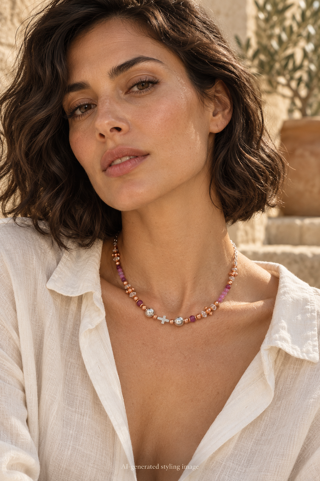 AI-generated styling image: Fires of Valour | Cross, Ruby & Herkimer Diamond · Beaded Necklace worn on a model.
