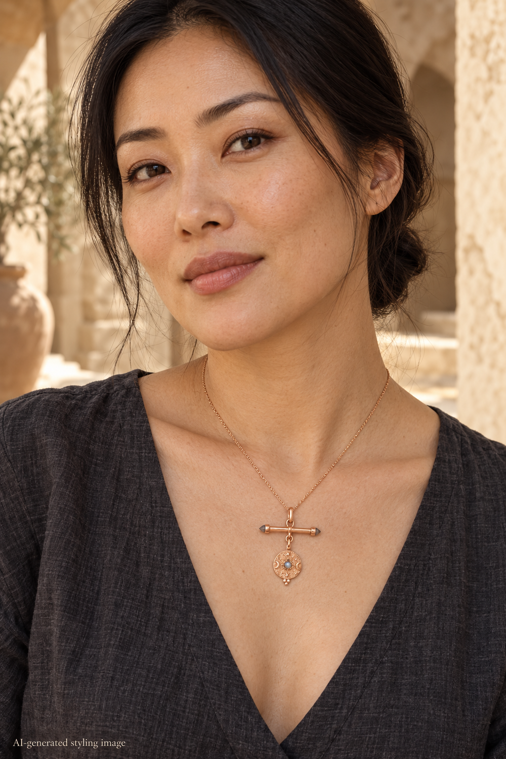 AI-generated styling image: Anima Mundi | Universe Burst Sigil · Labradorite Wand Necklace worn on a model.