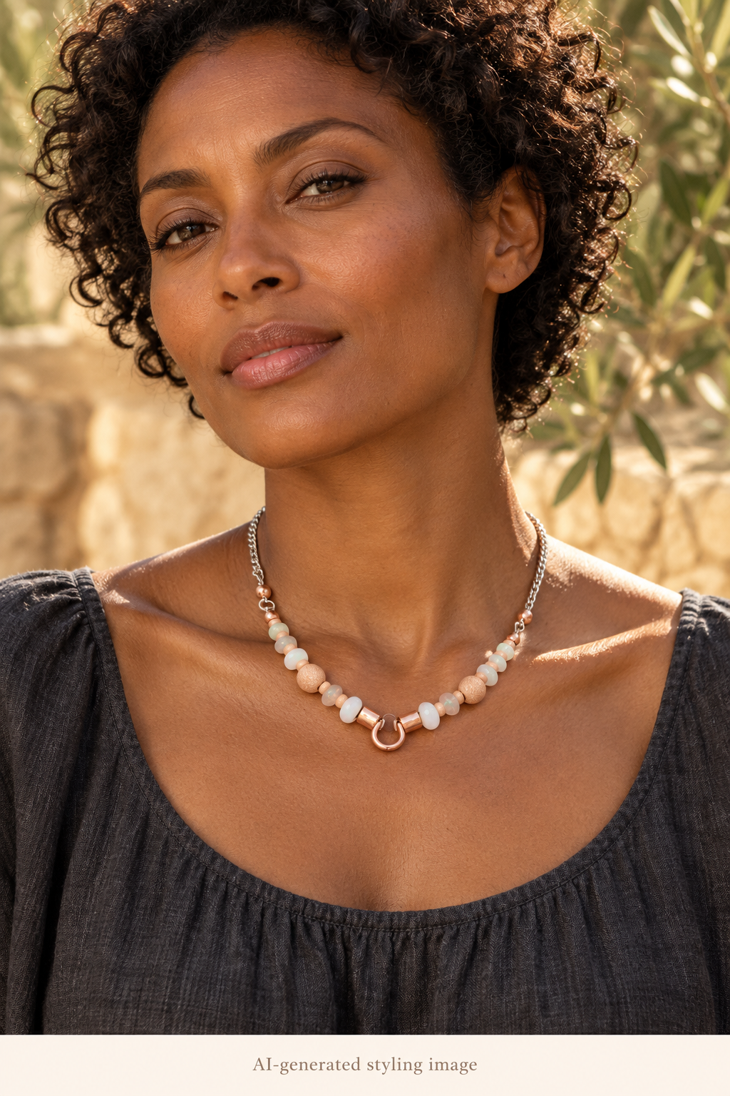 AI-generated styling image: Magic In-Between | White Opal Egyptian Collar · Necklace worn on a model.