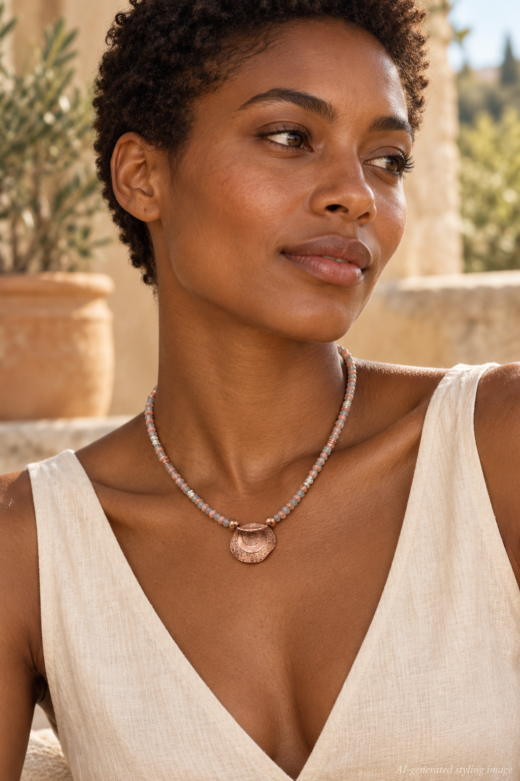 AI-generated styling image: Tribal Tribute | Tribal Coin · Labradorite & Rhodochrosite Beaded Necklace worn on a model.