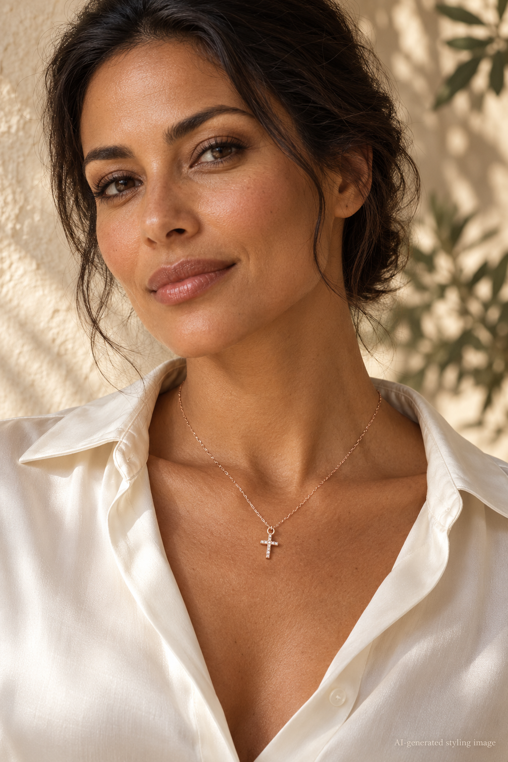 AI-generated styling image: Cross My Heart | Pavé Diamond Cross · Necklace worn on a model.