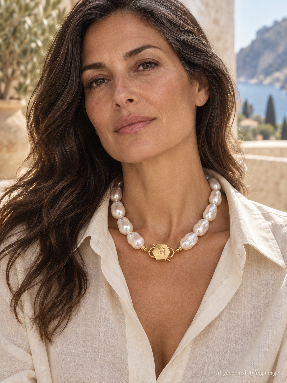 AI-generated styling image: Baroques of Becoming | Baroque Pearl & Hexagon Lock Necklace worn on a model.