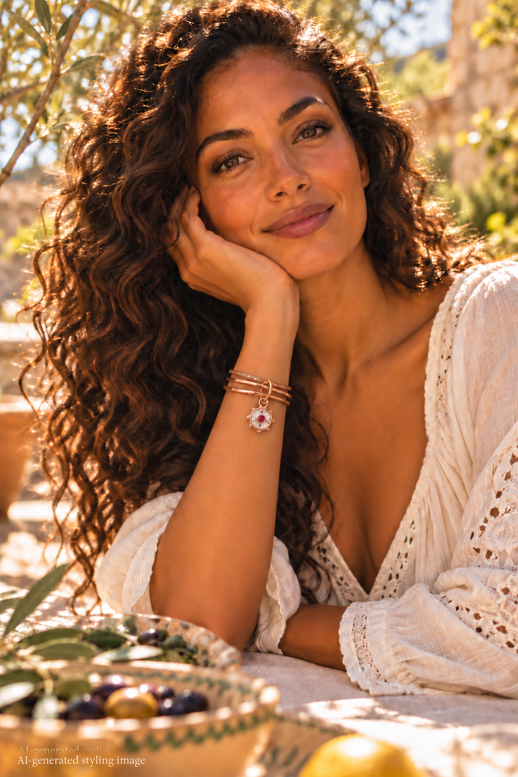 AI-generated styling image: Nature’s Origin ruby compass bangle stack with one engraved circular-pattern bangle and two hammered bangles joined by a shared jump ring.