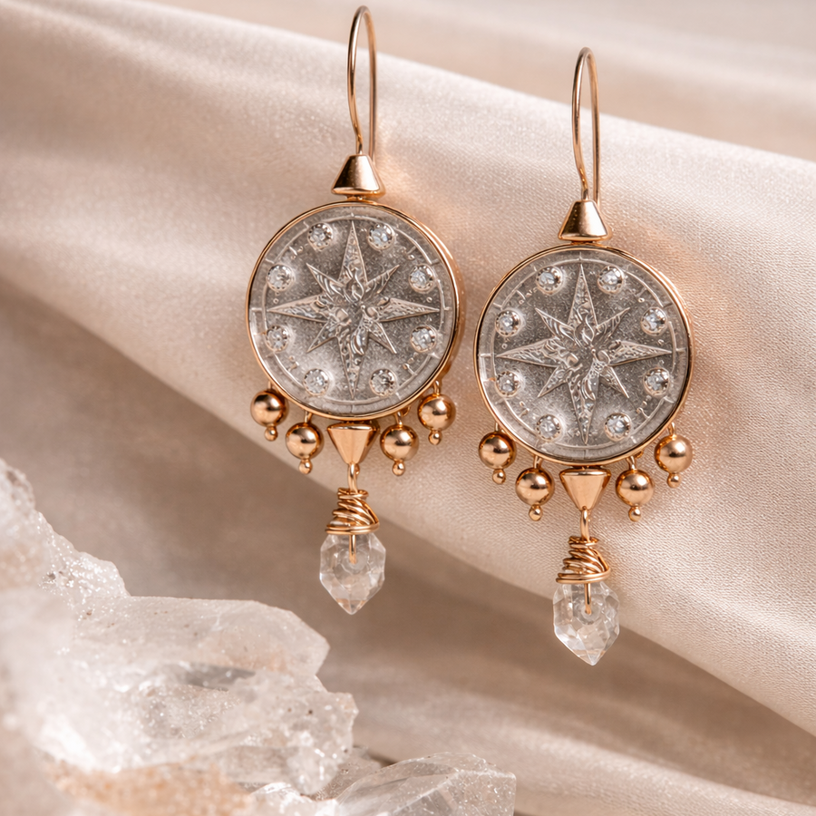 Melana Rising Phoenix: coin earrings with Herkimer Diamond drops, Rose Gold, detail view.